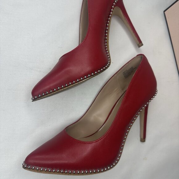 BCBG Generation Leather Stilletto Red Studded Shoes Almond toe heels Pumps - Picture 8 of 13